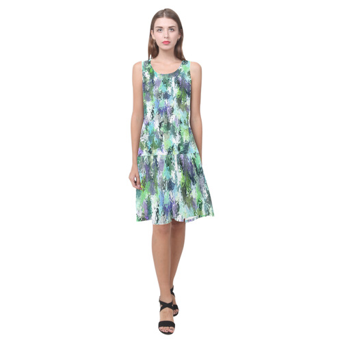 Green Paint Splatter Sleeveless Splicing Shift Dress(Model D17)