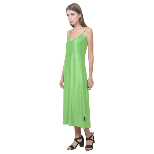Green Flash V-Neck Open Fork Long Dress(Model D18)
