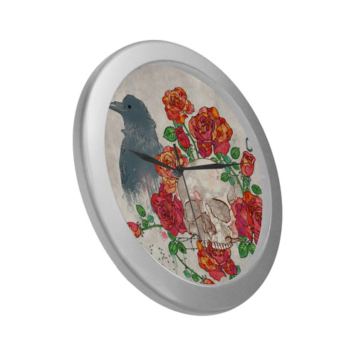 watercolor skull and roses Silver Color Wall Clock