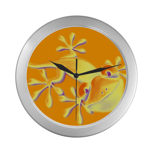FUNNY SMILING GECKO yellow orange violet Silver Color Wall Clock
