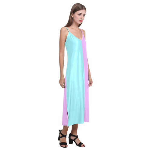 Only two Colors: Turquoise - Light Pink V-Neck Open Fork Long Dress(Model D18)
