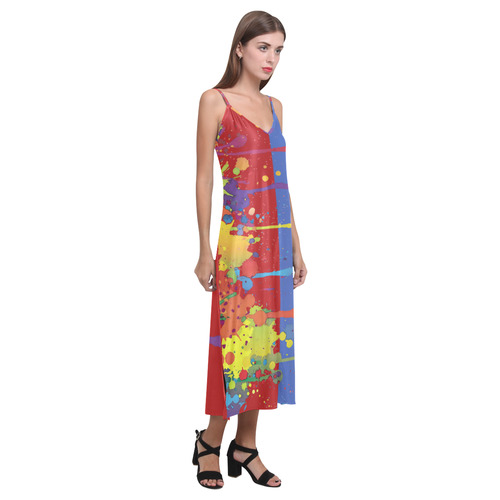 Crazy multicolored running SPLASHES V-Neck Open Fork Long Dress(Model D18)