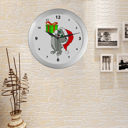 Christmas Kitten Silver Color Wall Clock