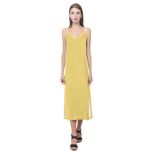 Primrose Yellow V-Neck Open Fork Long Dress(Model D18)