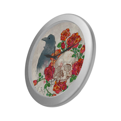 watercolor skull and roses Silver Color Wall Clock