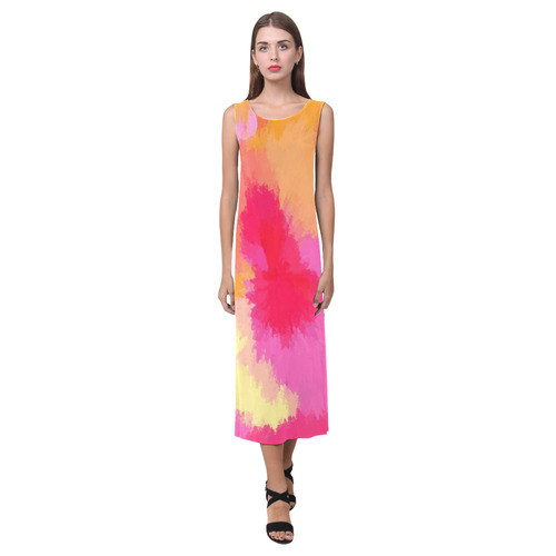 Pink, Orange and Yellow Watercolors Phaedra Sleeveless Open Fork Long Dress (Model D08)