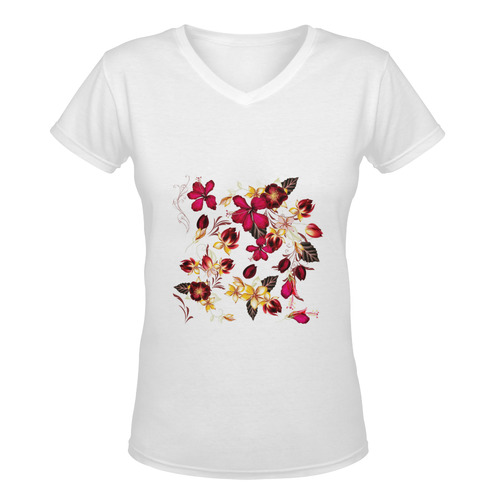 Hand-drawn vintage original T-Shirt edition 2016 : Brown and red Floral art Women's Deep V-neck T-shirt (Model T19)