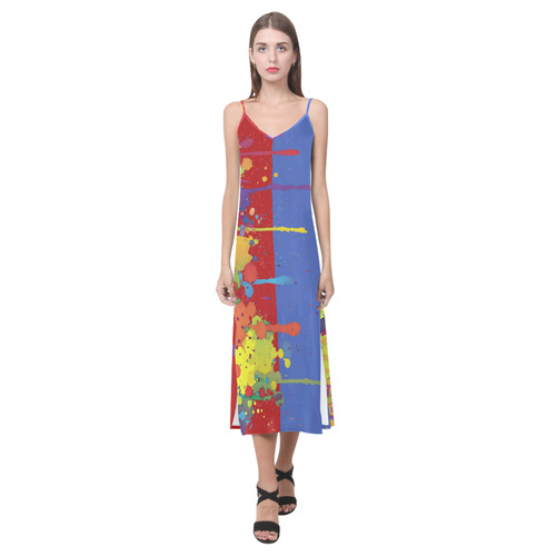 Crazy multicolored running SPLASHES V-Neck Open Fork Long Dress(Model D18)