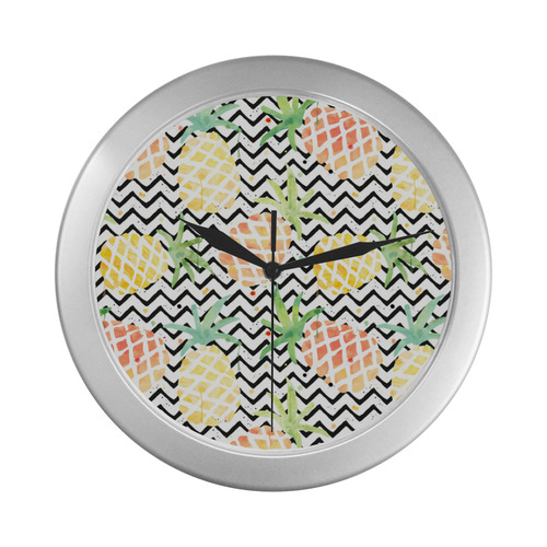 watercolor pineapple and chevron, pineapples Silver Color Wall Clock