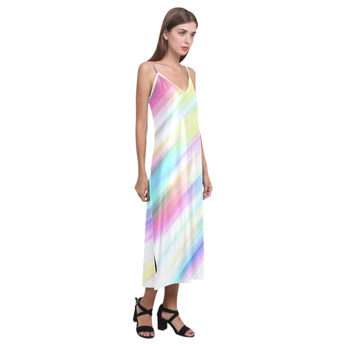 Rainbow Stripe Abstract V-Neck Open Fork Long Dress(Model D18)