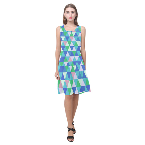 Green Blue Pink Abstract Triangles Sleeveless Splicing Shift Dress(Model D17)