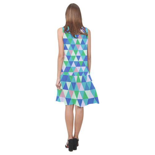 Green Blue Pink Abstract Triangles Sleeveless Splicing Shift Dress(Model D17)