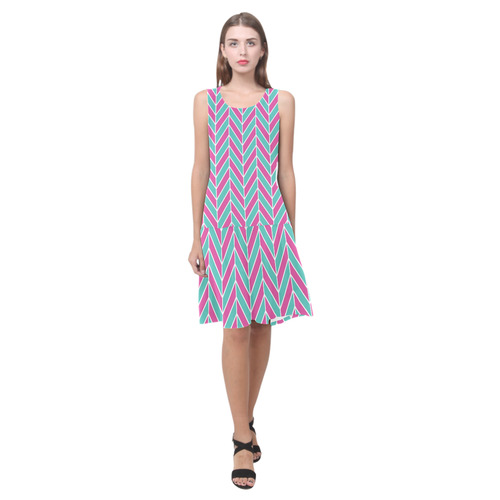 Pink White Turquoise Herringbone Sleeveless Splicing Shift Dress(Model D17)