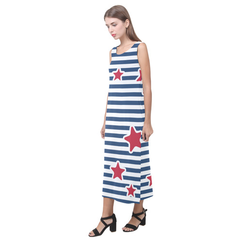 Blue, Red and White Stars and Stripes Phaedra Sleeveless Open Fork Long Dress (Model D08)