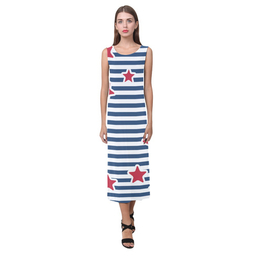 Blue, Red and White Stars and Stripes Phaedra Sleeveless Open Fork Long Dress (Model D08)