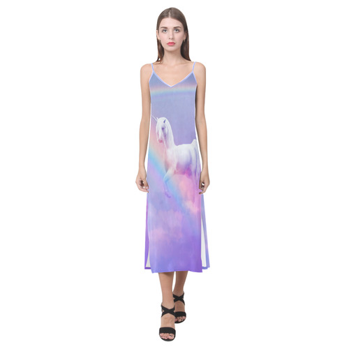 Unicorn and Rainbow V-Neck Open Fork Long Dress(Model D18)