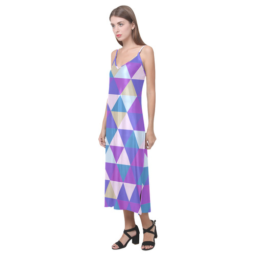Purple Blue Pink Abstract Triangles V-Neck Open Fork Long Dress(Model D18)
