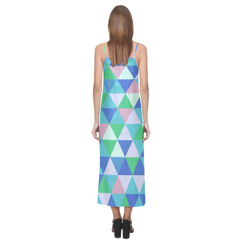 Green Blue Pink Abstract Triangles V-Neck Open Fork Long Dress(Model D18)