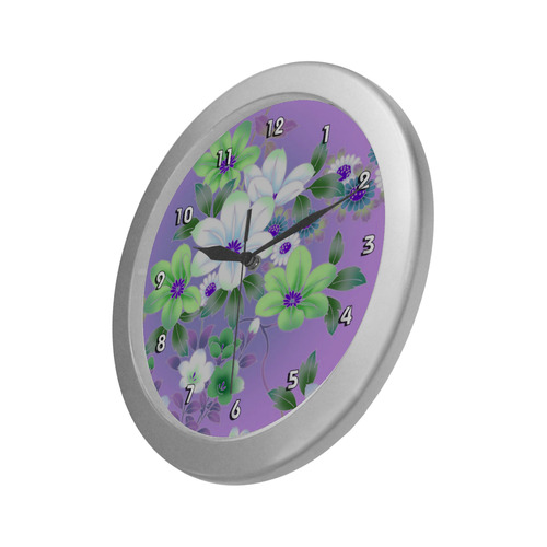 Green Flowers Vintage Japanese Floral Kimono Silver Color Wall Clock