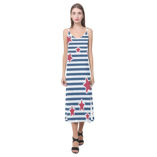 Blue, Red and White Stars and Stripes V-Neck Open Fork Long Dress(Model D18)