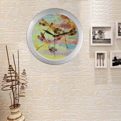 Mauritius Vintage Dragonflies Colours W Silver Color Wall Clock