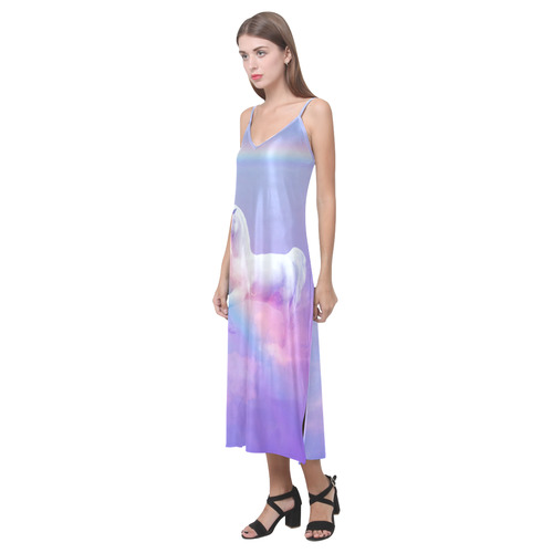 Unicorn and Rainbow V-Neck Open Fork Long Dress(Model D18)