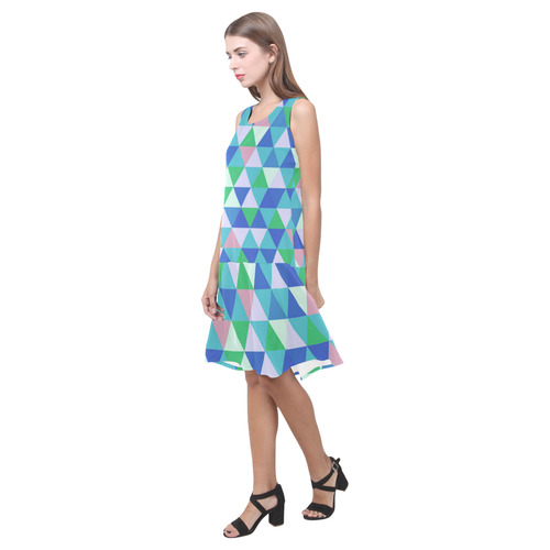 Green Blue Pink Abstract Triangles Sleeveless Splicing Shift Dress(Model D17)