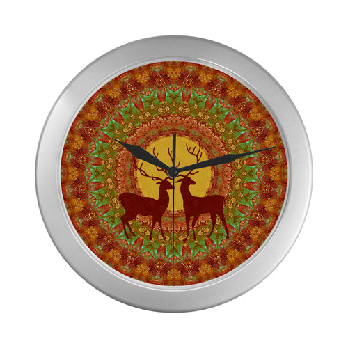 Mandala YOUNG DEERS with Full Moon Silver Color Wall Clock
