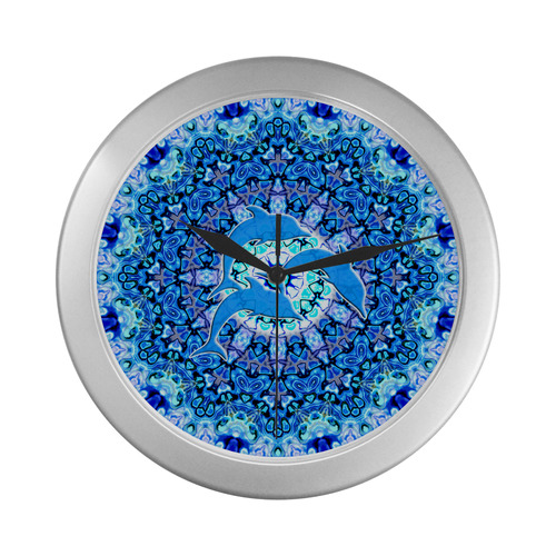 Mandala Magic Blue JUMPING DOLPHINS Silver Color Wall Clock