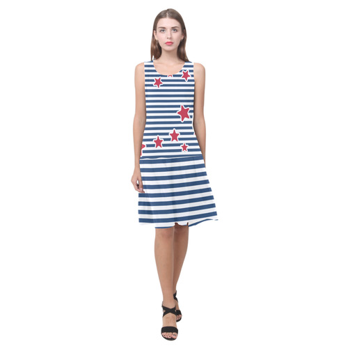 Blue and White Nautical Stripes Sleeveless Splicing Shift Dress(Model D17)