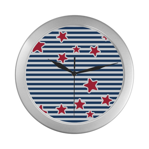 Blue, Red and White Stars and Stripes Silver Color Wall Clock
