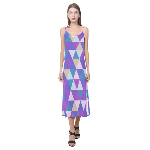 Purple Blue Pink Abstract Triangles V-Neck Open Fork Long Dress(Model D18)