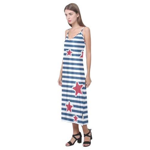 Blue, Red and White Stars and Stripes V-Neck Open Fork Long Dress(Model D18)