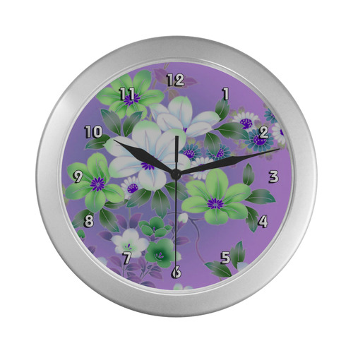 Green Flowers Vintage Japanese Floral Kimono Silver Color Wall Clock