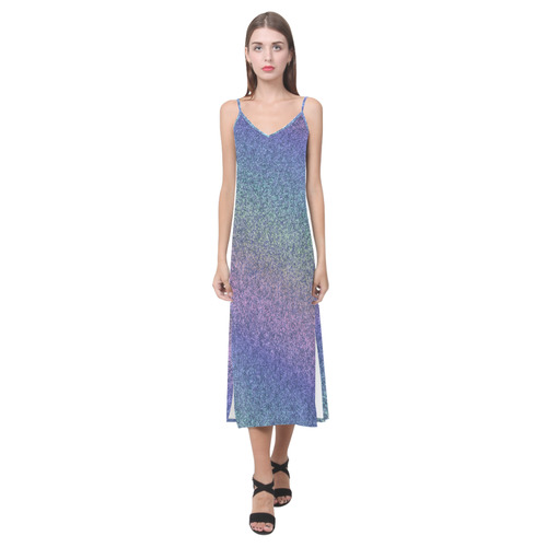 Rainbow Blues Gradient V-Neck Open Fork Long Dress(Model D18)