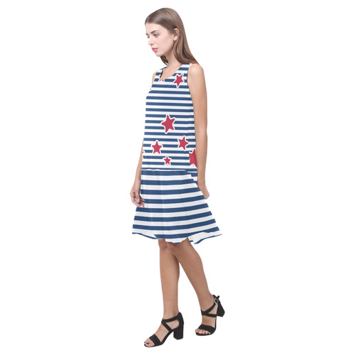 Blue and White Nautical Stripes Sleeveless Splicing Shift Dress(Model D17)