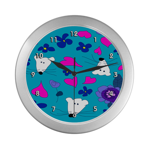 White Mice Pink Hearts Floral Art Children Silver Color Wall Clock