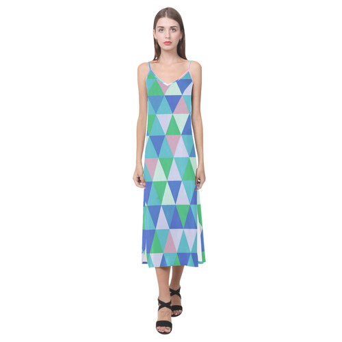 Green Blue Pink Abstract Triangles V-Neck Open Fork Long Dress(Model D18)