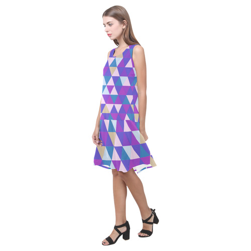 Purple Blue Pink Abstract Triangles Sleeveless Splicing Shift Dress(Model D17)