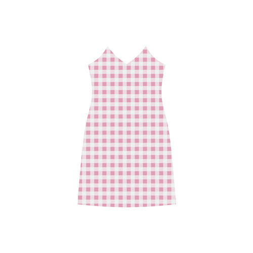 Petal Pink Gingham V-Neck Open Fork Long Dress(Model D18)