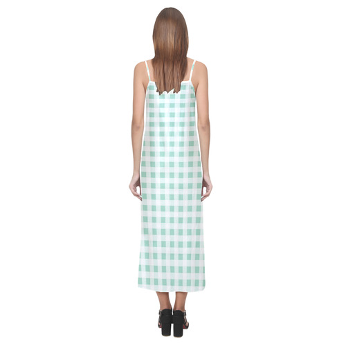 Mint Green Gingham V-Neck Open Fork Long Dress(Model D18)