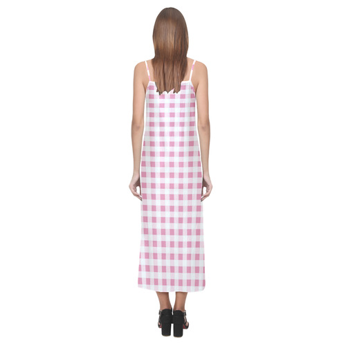 Petal Pink Gingham V-Neck Open Fork Long Dress(Model D18)