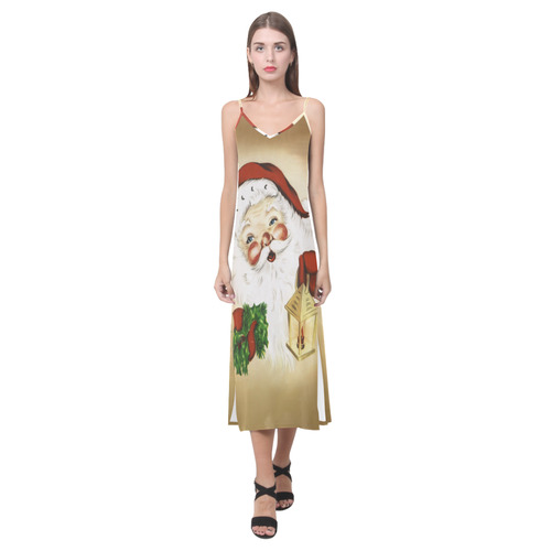 A cute Santa Claus with a mistletoe and a latern V-Neck Open Fork Long Dress(Model D18)