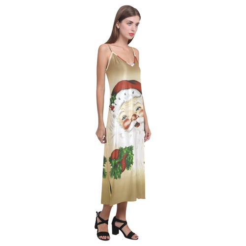 A cute Santa Claus with a mistletoe and a latern V-Neck Open Fork Long Dress(Model D18)