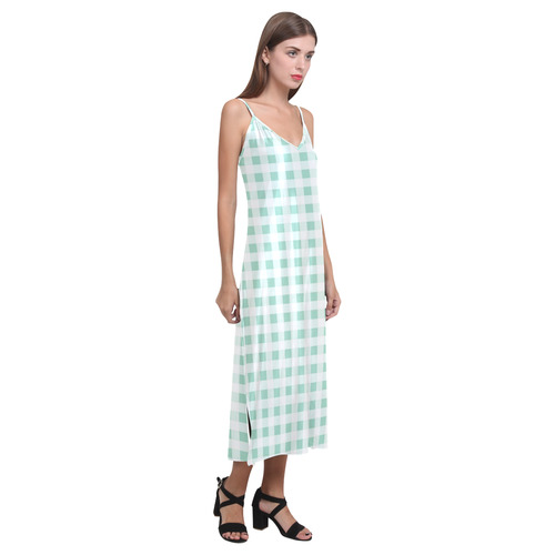 Mint Green Gingham V-Neck Open Fork Long Dress(Model D18)