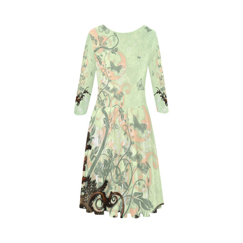 Flower power on soft green background Elbow Sleeve Ice Skater Dress (D20)