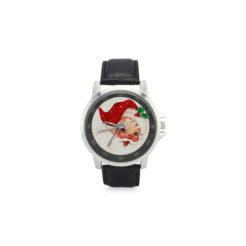 A cute vintage Santa Claus with a mistletoe Unisex Stainless Steel Leather Strap Watch(Model 202)