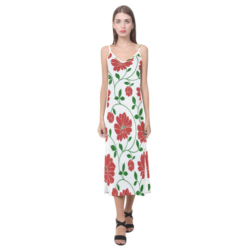 Red Flowers Vintage Floral Wallpaper V-Neck Open Fork Long Dress(Model D18)