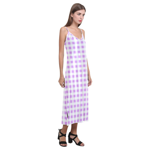 Lavender Gingham V-Neck Open Fork Long Dress(Model D18)