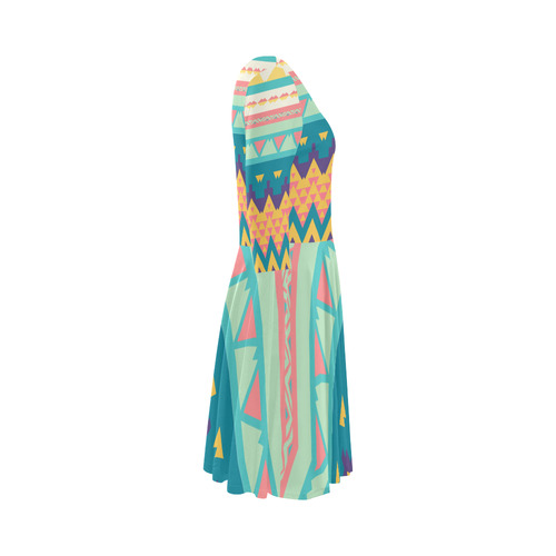 Pastel tribal design Elbow Sleeve Ice Skater Dress (D20)